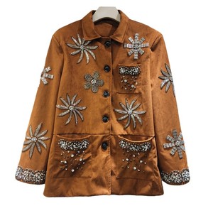 Giacca in Denim Lavato con Paillettes e Strass, Giacca da <span class=keywords><strong>Donna</strong></span> con Decorazioni Floreali in Perline e Diamanti - Product Image 5