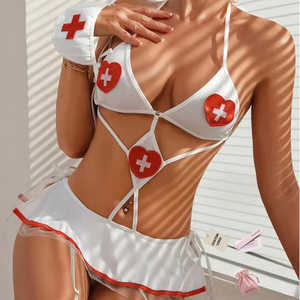 Nuevo conjunto de lencería sexy de cosplay, vestido de una pieza con tres puntos, uniforme de enfermera hueco, con aros y push-up, transpirable, para mujer. - Product Image 1