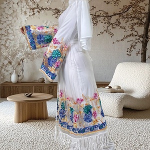 9.9 Big Sale Open Abaya Breathable Mesh With Flowers Embroidery With Tassel Bottom Modest Muslim Dubai Women Abaya No Inner 1904 - Product Image 3