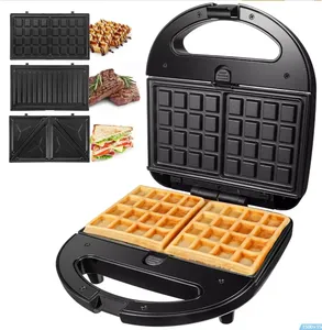 Toptan 3 1 ayrılabilir Mini Waffle makinesi 2 dilim yapışmaz tost basın ızgara sandviç makinesi ile değiştirilebilir plaka