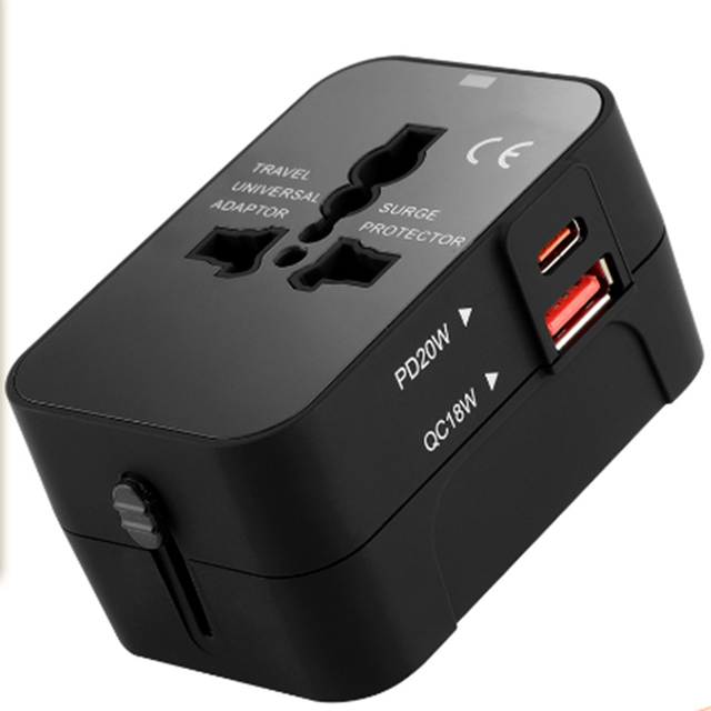 Universal Travel Adapter with PD 20W USB + USB-C Ports CE/FCC/RoHS Certified Customized Logo