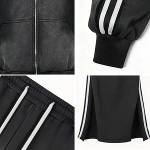 Conjunto de Sudadera con Capucha y Cremallera para Hombre, Estilo Urbano, de Fibra de Bambú 100%, con Estampado a Rayas, Efecto Desgastado y Lavado, Marca Lost Edge - Product Image 3