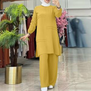 Abbigliamento islamico a righe di vendita calda 2 pezzi Set modesti abito Abaya Muslim Top tunica e pantaloni - Product Image 3