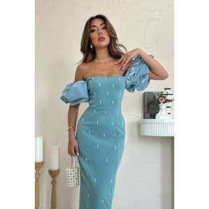 ชุดราตรีผ้าซาตินสีน้ำเงินหรูหราประดับด้วยไข่มุก คอเหลี่ยม แขนพอง เอวธรรมชาติ - Product Image 2