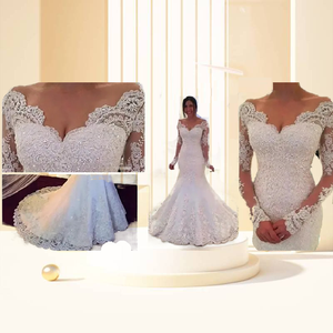 Robes de mariée de luxe en dentelle blanche à sequins, col en V, manches longues, style sirène, coupe brésilienne - Product Image 5