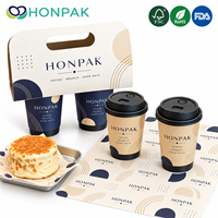 Emballage à emporter pour café personnalisé HONPAK avec gobelets en papier imprimés, porte-gobelets pour 2 tasses et papier d'emballage alimentaire de marque