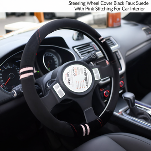 Housse de volant noire en faux daim avec surpiqûres roses pour l'intérieur de la voiture - Product Image 3