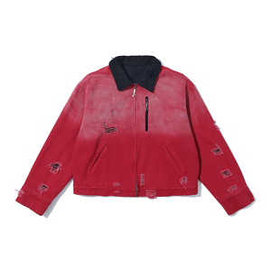 Chaqueta de <span class=keywords><strong>hombre</strong></span> estilo Detroit vintage, lavada, color borgoña, con rotos, para <span class=keywords><strong>hombre</strong></span> y mujer, estilo universitario - Product Image 1