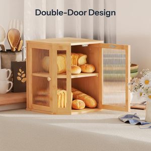Boîte à pain en bambou de style littéraire, 2 niveaux, rangement d'angle avec portes en verre pour comptoir de cuisine, stockage alimentaire - Product Image 4