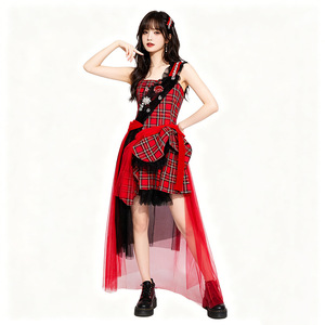 Conjunto de Disfraz de Tul a Cuadros Rojos para Danza Jazz - Product Image 1