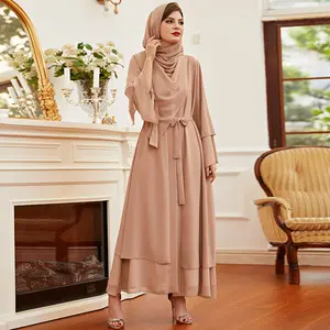 Абайя Женская двухслойная, шифоновый Материал Хаки, верхняя одежда в арабском стиле, большие размеры, мусульманский Ближний Восток