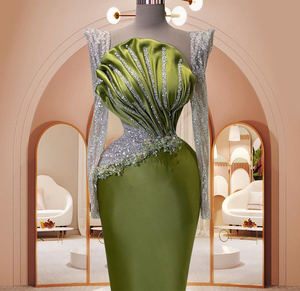 녹색 새틴 긴 소매 우아한 인어 무도회 드레스 페르시 스팽글 주름 이브닝 원피스 꾸뛰르 연예인 파티 행사 가운 - Product Image 3