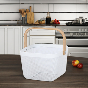Kesing piccoli cesti di filo quadrato con manico in legno di bambù in acciaio inox <span class=keywords><strong>da</strong></span> cucina organizzazione sacchetto di stoccaggio di ferro in metallo panno uso - Product Image 4