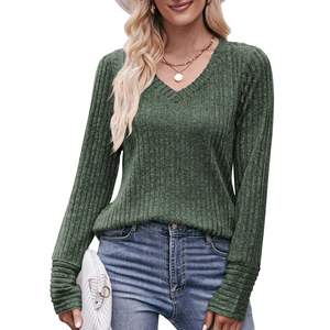 2023 otoño nueva moda Simple Top Ground Wool Pit Strip cuello en V Color sólido mujeres cómoda Camiseta de manga larga - Product Image 2