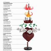 Funbuild Retro Red Heart Shaped Art Statue Building Blocks Kit MOC Patung Hati dari Balok Bangunan dengan Api Mawar Putih untuk Hadiah