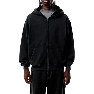Felpa con cappuccio full zip nera lavata all'ingrosso, personalizzabile con ricamo, in cotone pesante 100%, oversize, vintage, con cerniera - Product Image 1