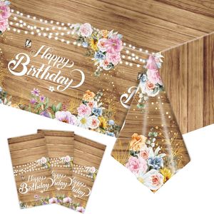 Happy Birthday Floral Wood Grain <b>Tablecloth</b> <b>Rectangle</b> Plastic Party Table Decor Birthday Decoration 1 Pcs - Product Image 1