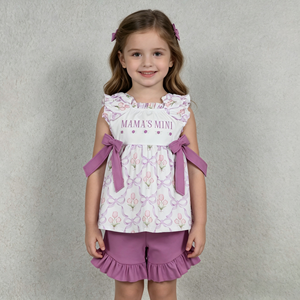 Conjunto de Ropa para Niñas Pequeñas, Estilo Coqueta, con Lazos Rosas y Volantes, Manga Corta y Pantalones Cortos, Venta al Por Mayor, Nueva Llegada, Gran Oferta - Product Image 5