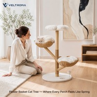 Arbre à chat sur plateforme en forme de fleur avec panier en osier, perchoir, poteau en sisal et base en peluche, mobilier d'escalade d'intérieur, vente en gros