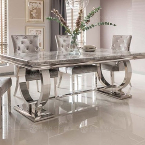 Mesa de Comedor de Mármol Crema y Acero Inoxidable Cromado de 180 cm, Vida Living Arianna, Mármol Gris con Base de Acero Inoxidable - Product Image 1