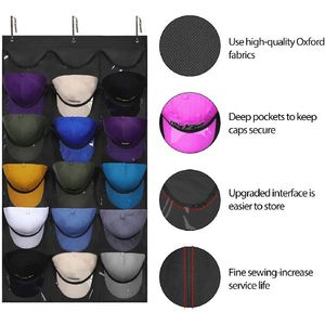 18 Deep Pockets Hat Holder Hanging Organizer Quality Baseball Cap Organizer with 3 Hooks for Closet or <b>Wardrobe</b> - Product Image 2