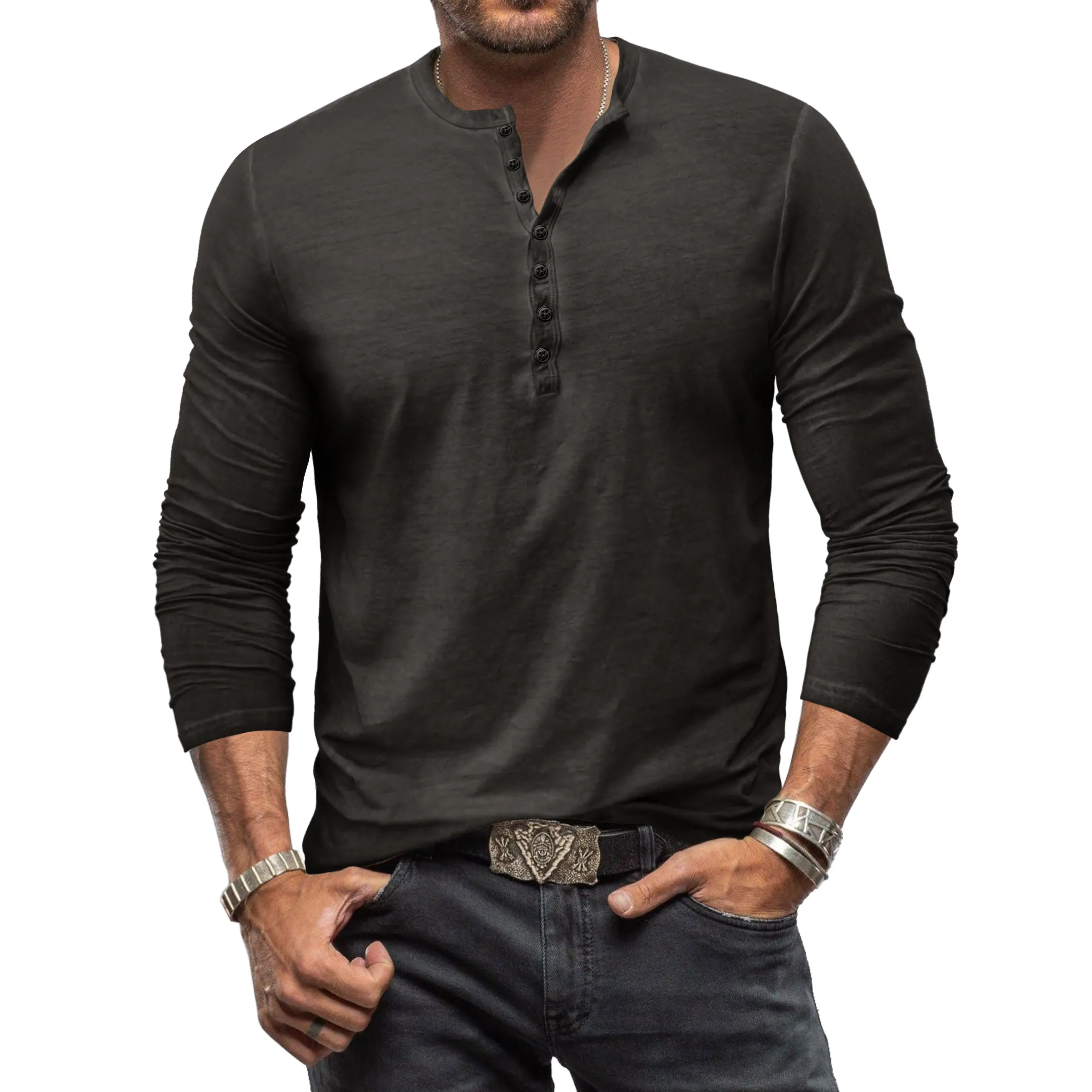 남자의 빈티지 긴 소매 헨리 티셔츠 버튼 씻어 V-넥 티 셔츠 남성용 탑 솔리드 100% 코튼 셔츠