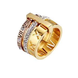 Stainless Steel Jewelry Men Unique Cubic Zirconia Three Layers Band Rings Silver Rose Gold 3 in 1 Roman Numeral Rings