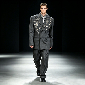 Cut And <b>Sew</b> Floral Embroidery Suit <b>Set</b> Gray Double Breasted Blazer Men'S Outerwear <b>Sets</b> Clothing Manufacturers Bulk - Product Image 3