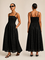 Vestido Midi Negro con Encaje Floral, Cuello Cuadrado y Detalle Trenzado, Estilo Smocked, Nueva Colección Verano 2026, Éxito de Ventas en EE. UU. y Australia