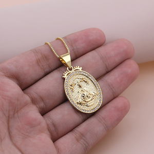Collier avec pendentif Vierge Marie plaqué or 18 carats, <span class=keywords><strong>micro</strong></span> pavé CZ, ovale, médaille religieuse, bijoux de mode pour femmes, cadeau catholique - Product Image 5