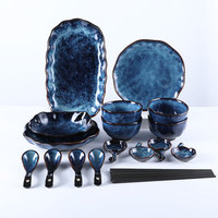 10/20/29PCS De Luxe Bleu Ensembles De Vaisselle Restaurant Accueil Utilisé Porcelaine Dîner Ensembles Plaques Et Bols Plat Cuillère Baguettes Tablew