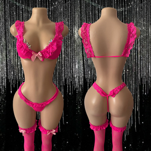 Conjunto de 3 piezas de lencería exótica para mujer, con diseño de rosas caladas, divertido, de alta elasticidad, para espectáculos de carnaval y baile. - Product Image 1