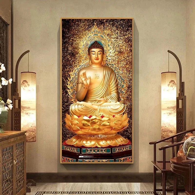 Pinturas artísticas abstractas de Buda dorado, arte de pared de budismo religioso moderno, imágenes para decoración del hogar, sala de estar, sin marco