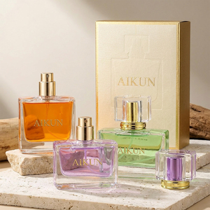 Aikun Low MOQ Fast Response Supply 15ml 25ml 50ml Square Glass Gold Logo Beige <b>Box</b> Perfume <b>Gift</b> Set For Ecommerce Custom Scent - Product Image 1