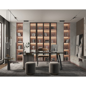 Estantería Alta de Diseño Moderno y Lujoso con Luz LED, Mueble de Almacenamiento para Libros, Librería de Madera <span class=keywords><strong>Blanca</strong></span> con Puertas de Vidrio y Cajones - Product Image 2