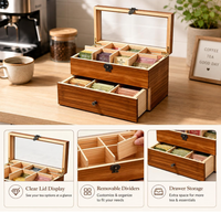 Boîte de rangement multifonctionnelle pour sachets de thé en bois avec fenêtre en acrylique, 2 étages, 14 compartiments, grande capacité, porte-sachets de thé