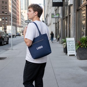 Blue Canvas <b>Tote</b> <b>Bag</b> <b>with</b> Zipper and Outer <b>Pocket</b> Custom LOGO Reusable Shopping <b>Bag</b> - Product Image 2
