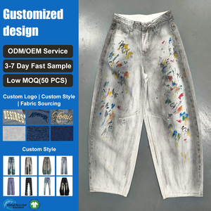 Jeans de <span class=keywords><strong>Hombre</strong></span> Estilo Hip Hop, Gris Degradado con <span class=keywords><strong>Blanco</strong></span> y Multicolor, Estampado de Tinta con Efecto Graffiti, Corte Holgado y Pierna Recta, Denim Urbano - Product Image 1