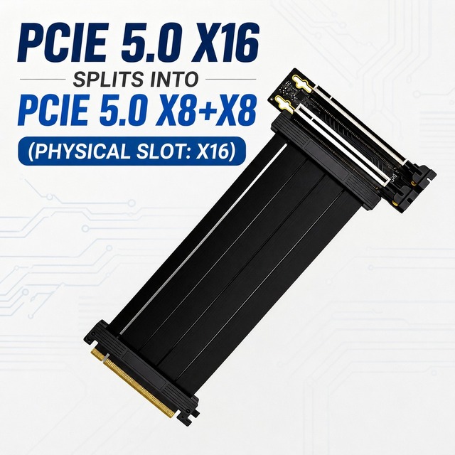 PCIe 5.0 X16 to X8 X8 Splitter Riser Cable Gen5 Dual Connector GPU Extension Wire TPE Copper EMI Shielding PC