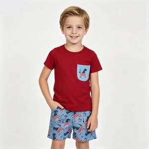 มีสินค้าในสต็อก เสื้อปักลายลูกสุนัขสีฟ้า กางเกงขาสั้นลายสก๊อต ชุดเด็กชายวันที่ 4 กรกฎาคม ขายส่งเสื้อผ้าเด็กวัยหัดเดิน เสื้อผ้าเด็กจากโรงงาน - Product Image 3