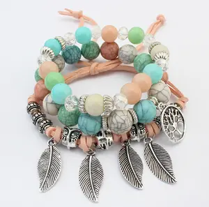 Многослойный браслет из кораллового дерева, бирюзовый камень, браслет с бусинами, ювелирные изделия из натурального камня, античные серебряные листья, кулон, браслет для женщин