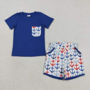 BSSO0305 rts Boutique Conjunto de ropa para bebé niño con bordado de conejito de Pascua azul, conjuntos de verano, venta al por mayor - Product Image 5