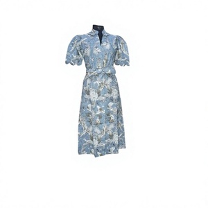 Robe midi à col mandarin imprimée florale avec manches bouffantes, ceinture à nouer, tissée respirante, robe d'été décontractée - Product Image 1
