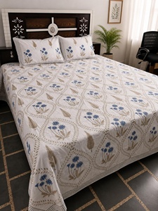 <b>King</b> <b>Size</b> Floral Hand Block Print Cotton Bedsheet Set White Indian Jaipur Handmade Bedding with 2 Pillow Covers - Product Image 1