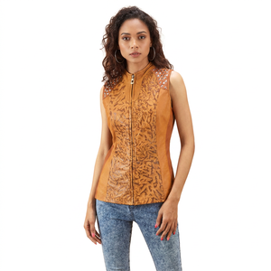 Veste en cuir véritable pour femme - Coupe ajustée - Style hiver |   Vestes en cuir sans manches à thème Halloween en édition limitée - Product Image 1