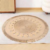 Tapis d'intérieur en jute tissé à la main, à poils moyens, avec franges, motif cercle ajouré, style bohème, à pompons, antidérapant, pour chambre, entrée, maison