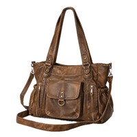 Sac bandoulière vintage grande capacité multi-poches pour femme, en cuir souple vieilli, avec fermeture éclair en polyester, nouvelle collection 2026