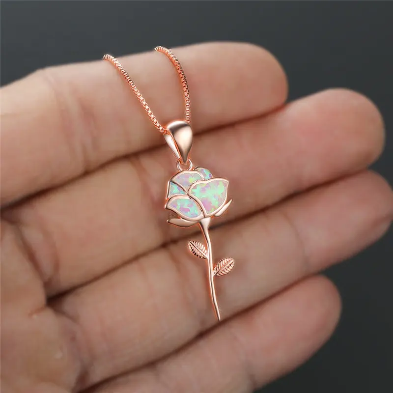 Fashion Charm Rose Gold Color Chain Purple Opal Flower Pendant Necklaces For Women Wedding Jewelry