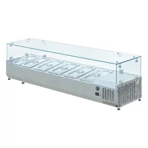 Mini bancada de aço inoxidável comercial, mostrador de vidro refrigerado, recipientes, barra de salada