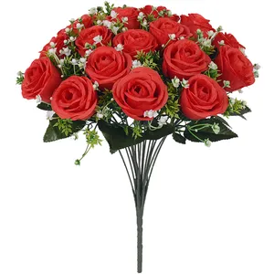 Yiwu Grosir Bunga Buket Tangan Pernikahan Merah 18 Kepala Semak Mawar Buatan untuk Ruang Gambar